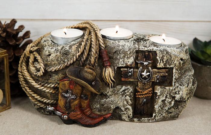 ebros gift Rustic Western Stony Cowboy Hat Boot Rope Horseshoe Cross Votive Candles Holder