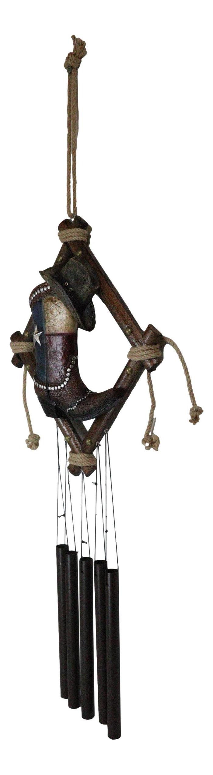 Ebros Gift Rustic Western Texas Cowboy Boot And Hat Faux Leather Decorative Wind Chime