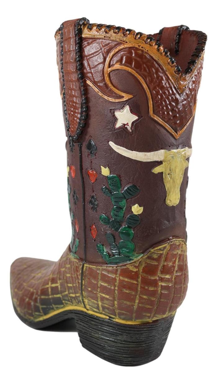 Ebros Gift Rustic Western Texas Longhorn Faux Crocodile Prints Cowboy Boot Vase Figurine