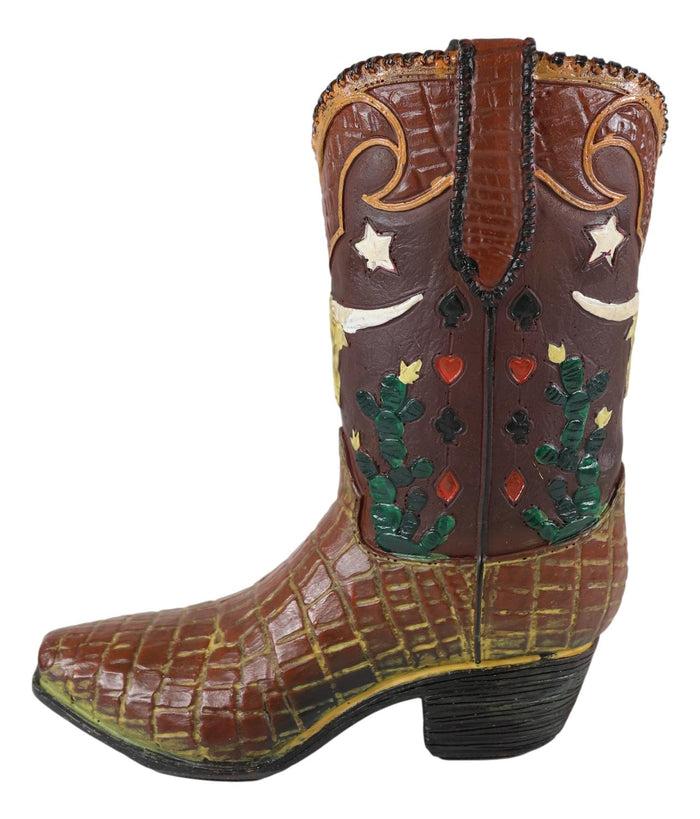 Ebros Gift Rustic Western Texas Longhorn Faux Crocodile Prints Cowboy Boot Vase Figurine