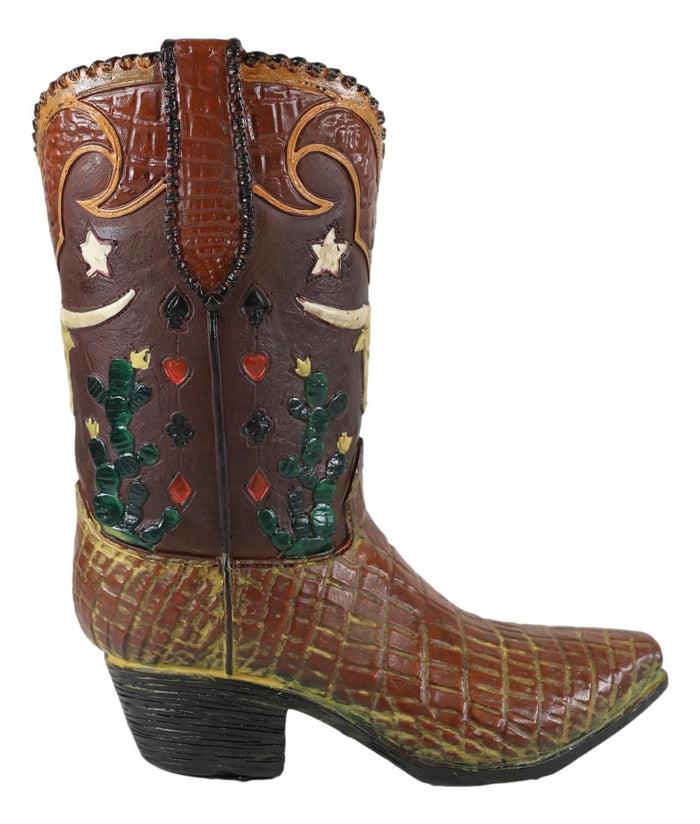 Ebros Gift Rustic Western Texas Longhorn Faux Crocodile Prints Cowboy Boot Vase Figurine