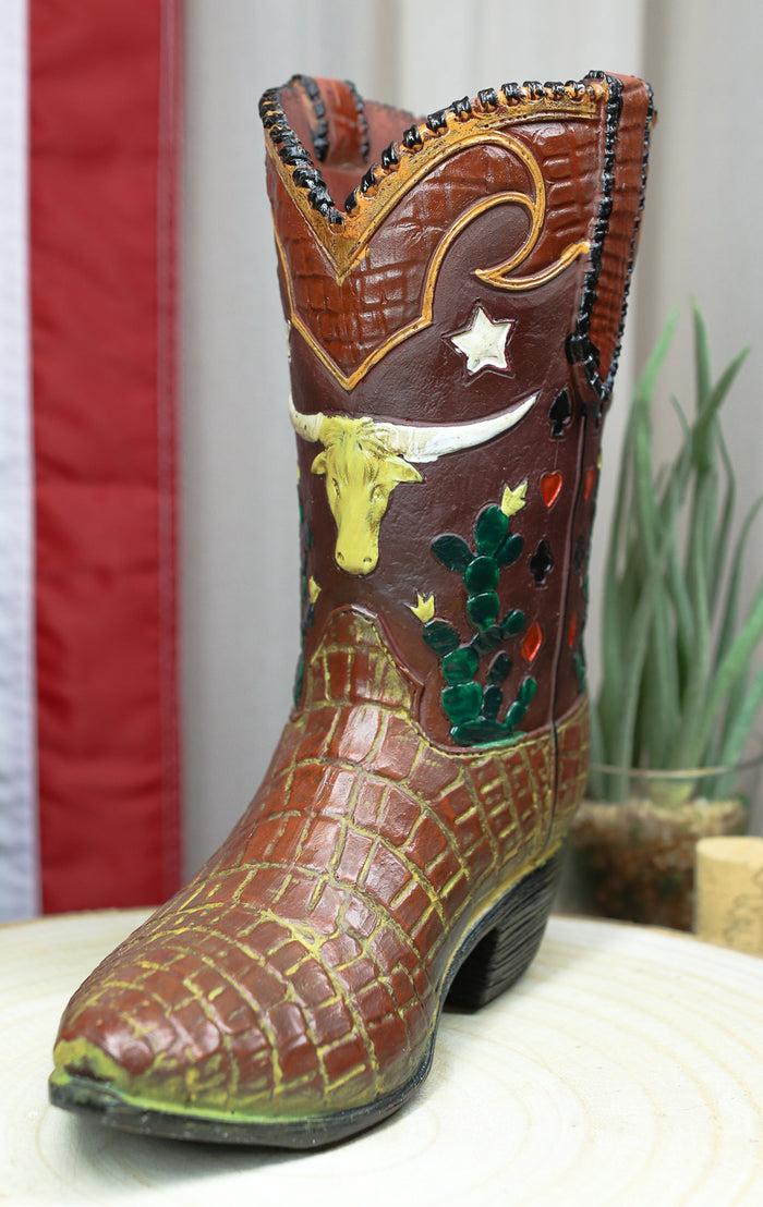 ebros gift Rustic Western Texas Longhorn Faux Crocodile Prints Cowboy Boot Vase Figurine