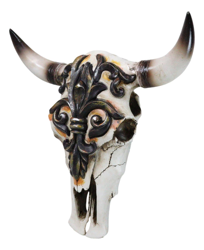 Ebros Gift Rustic Western Tooled Fleur De Lis French Lily Emblem Cow Skull Wall Decor