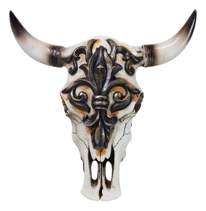 ebros gift Rustic Western Tooled Fleur De Lis French Lily Emblem Cow Skull Wall Decor