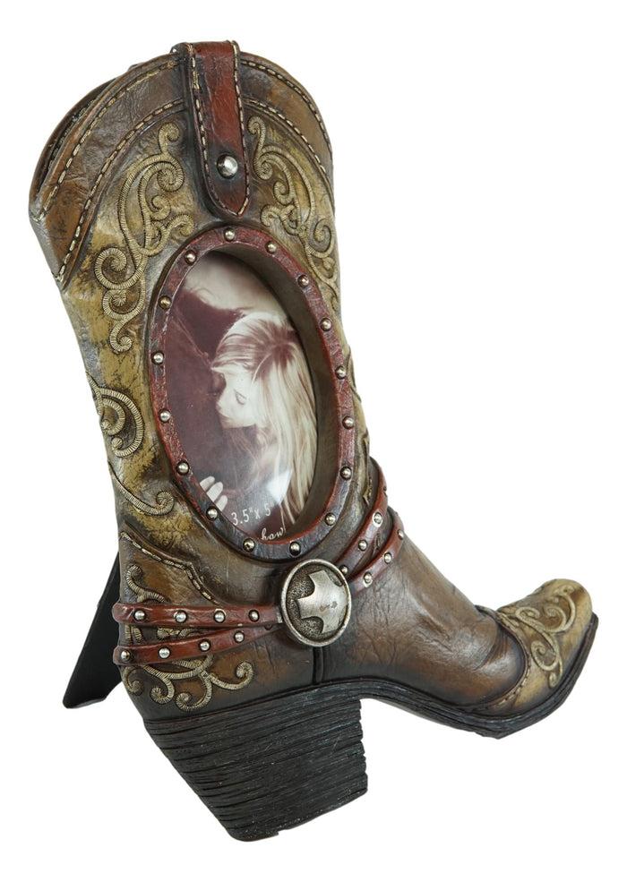 Ebros Gift Rustic Western Tooled Leather Cowboy Boot Desktop Easel Photo Frame For 3.5"X5"