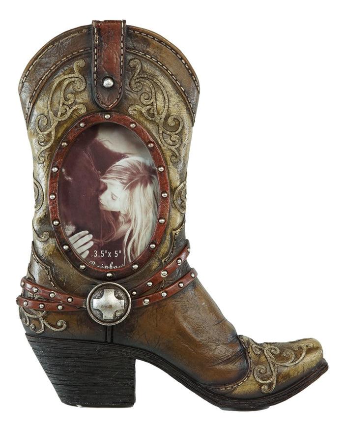 Ebros Gift Rustic Western Tooled Leather Cowboy Boot Desktop Easel Photo Frame For 3.5"X5"
