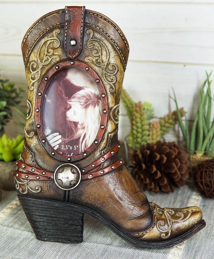 ebros gift Rustic Western Tooled Leather Cowboy Boot Desktop Easel Photo Frame For 3.5"X5"