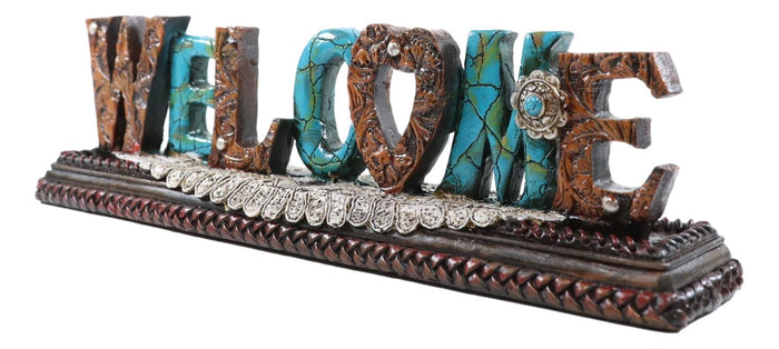 Ebros Gift Rustic Western Tooled Leather Scrollwork Turquoise Rocks Welcome Desktop Plaque
