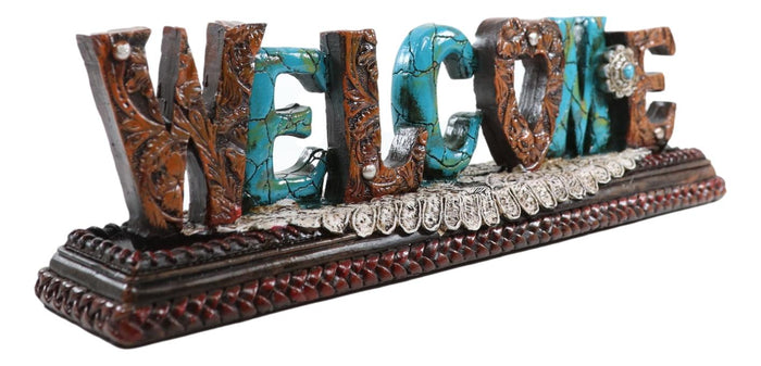 Ebros Gift Rustic Western Tooled Leather Scrollwork Turquoise Rocks Welcome Desktop Plaque