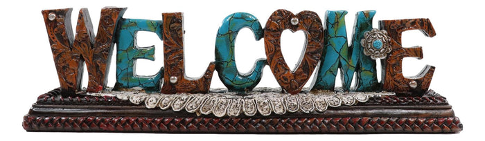 Ebros Gift Rustic Western Tooled Leather Scrollwork Turquoise Rocks Welcome Desktop Plaque