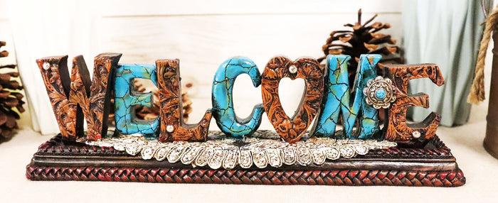 ebros gift Rustic Western Tooled Leather Scrollwork Turquoise Rocks Welcome Desktop Plaque