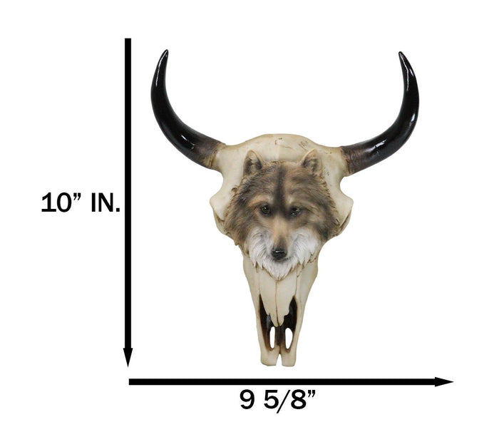 Ebros Gift Rustic Western Tribal Buffalo Bull Cow Skull With Gray Wolf Carving Wall Decor