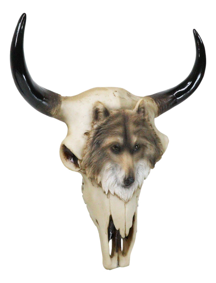 Ebros Gift Rustic Western Tribal Buffalo Bull Cow Skull With Gray Wolf Carving Wall Decor