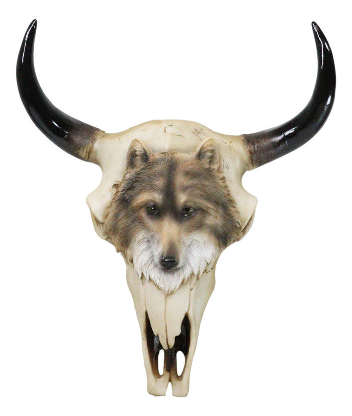 ebros gift Rustic Western Tribal Buffalo Bull Cow Skull With Gray Wolf Carving Wall Decor