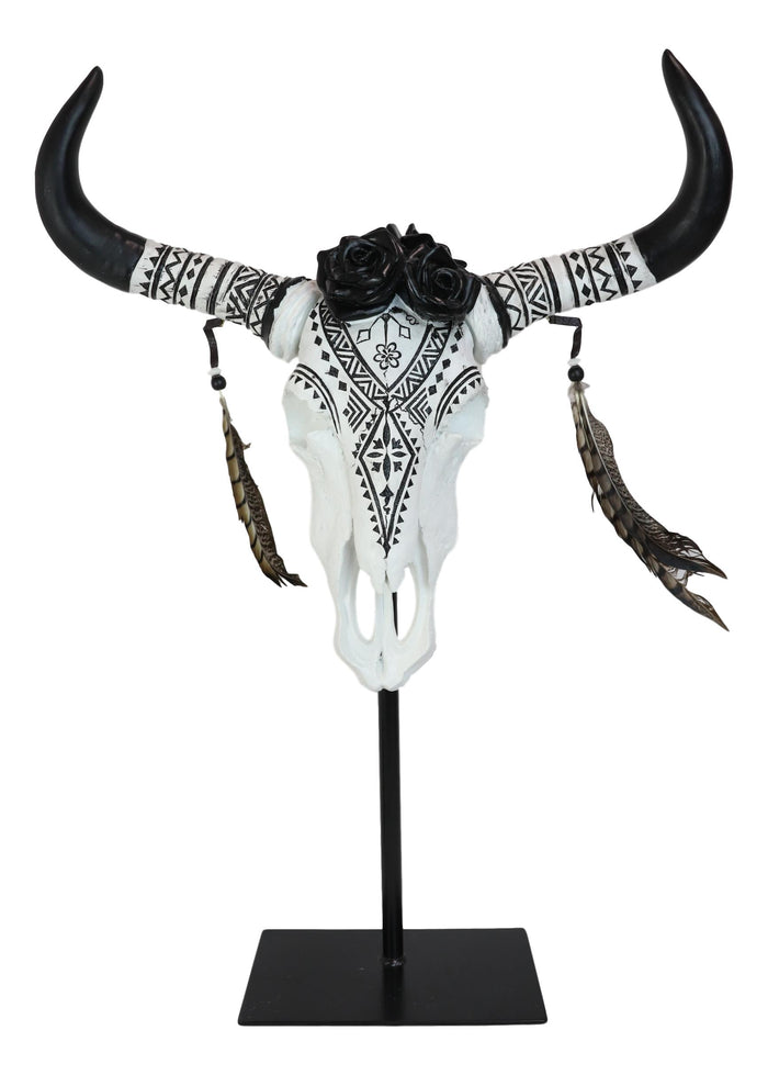 Ebros Gift Rustic Western Tribal Tattoo Black Roses Longhorn Cow Skull Desktop Plaque