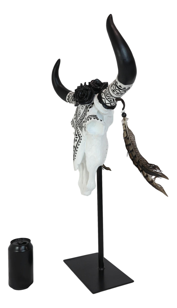 Ebros Gift Rustic Western Tribal Tattoo Black Roses Longhorn Cow Skull Desktop Plaque