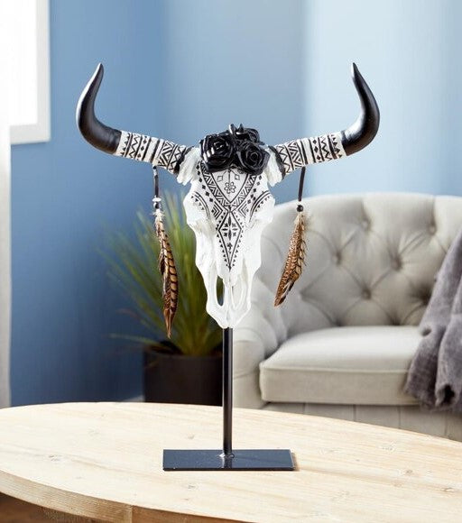 ebros gift Rustic Western Tribal Tattoo Black Roses Longhorn Cow Skull Desktop Plaque