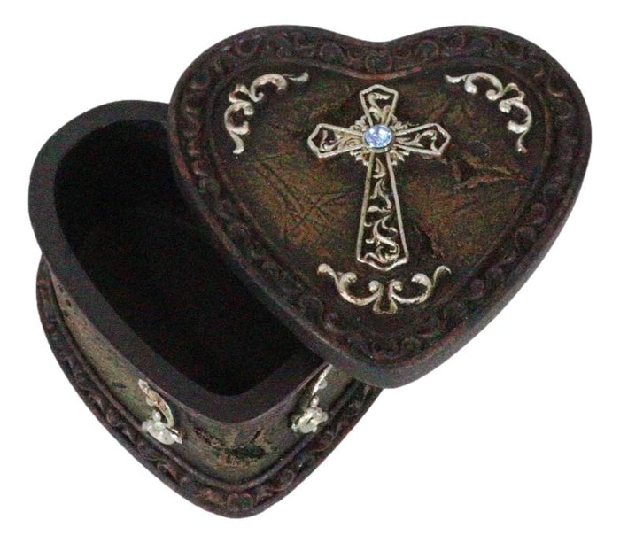 Ebros Gift Rustic Western Trust In The Lord Scroll Cross Heart Shaped Jewelry Trinket Box