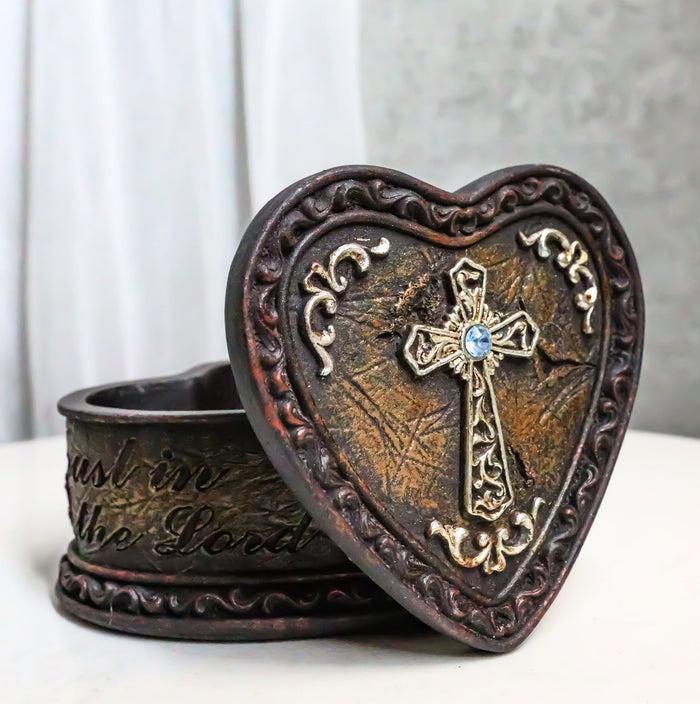 ebros gift Rustic Western Trust In The Lord Scroll Cross Heart Shaped Jewelry Trinket Box