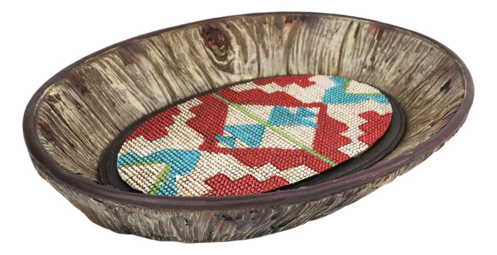Ebros Gift Rustic Western Turquoise Aztec Pattern Faux Wood Organizer Bowl Tray Basket