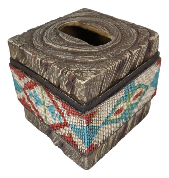 Ebros Gift Rustic Western Turquoise Aztec Tribal Pattern Faux Wood Tissue Box Cover Decor