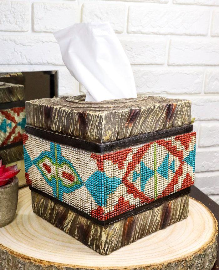 ebros gift Rustic Western Turquoise Aztec Tribal Pattern Faux Wood Tissue Box Cover Decor