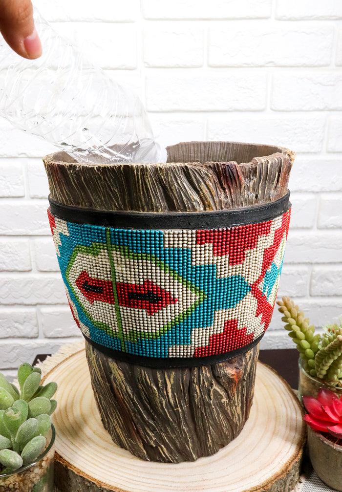 Ebros Gift Rustic Western Turquoise Aztec Vector Pattern Faux Wood Waste Basket Trash Bin