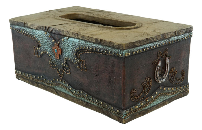 Ebros Gift Rustic Western Turquoise Cowboy Lucky Horseshoes & Cross Tissue Box Holder Case