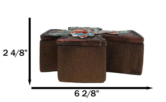 Ebros Gift Rustic Western Turquoise Floral Scroll Faux Leather Cross Jewelry Trinket Box