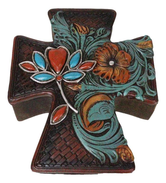 Ebros Gift Rustic Western Turquoise Floral Scroll Faux Leather Cross Jewelry Trinket Box