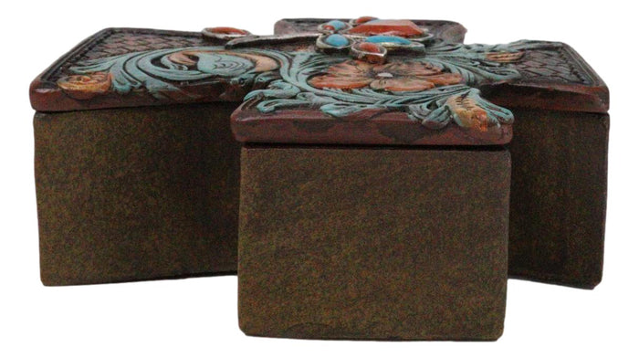 Ebros Gift Rustic Western Turquoise Floral Scroll Faux Leather Cross Jewelry Trinket Box