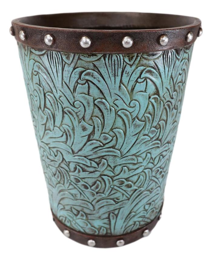 Ebros Gift Rustic Western Turquoise Floral Scroll Faux Leather Dry Waste Basket Trash Bin