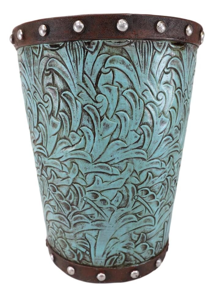 Ebros Gift Rustic Western Turquoise Floral Scroll Faux Leather Dry Waste Basket Trash Bin