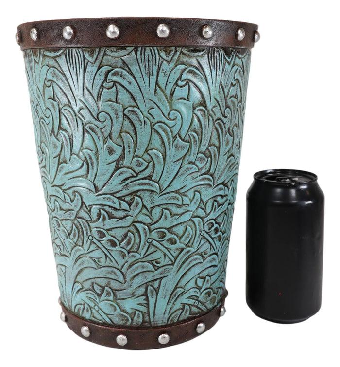 Ebros Gift Rustic Western Turquoise Floral Scroll Faux Leather Dry Waste Basket Trash Bin
