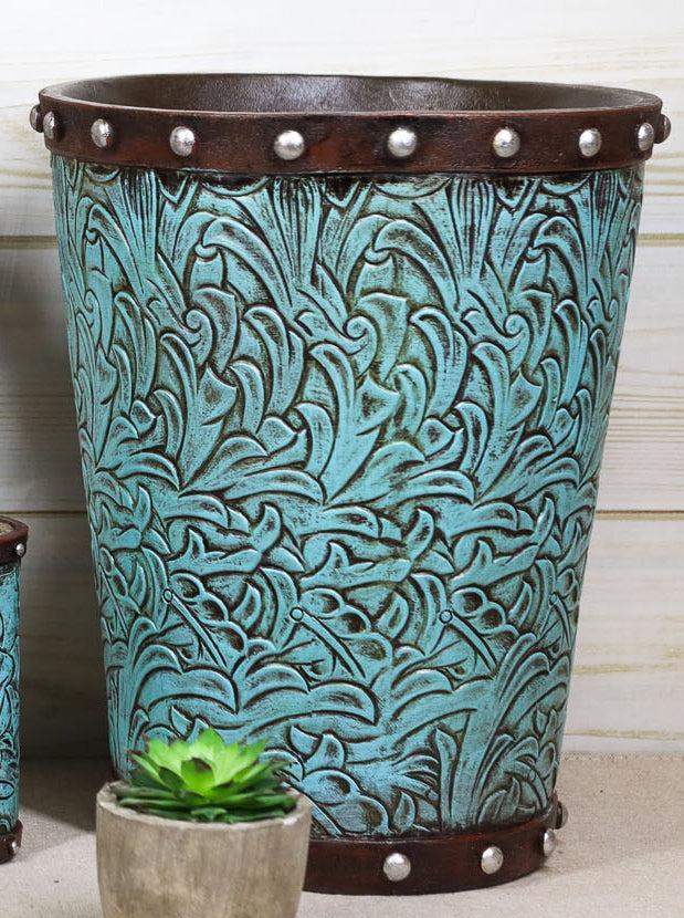 ebros gift Rustic Western Turquoise Floral Scroll Faux Leather Dry Waste Basket Trash Bin