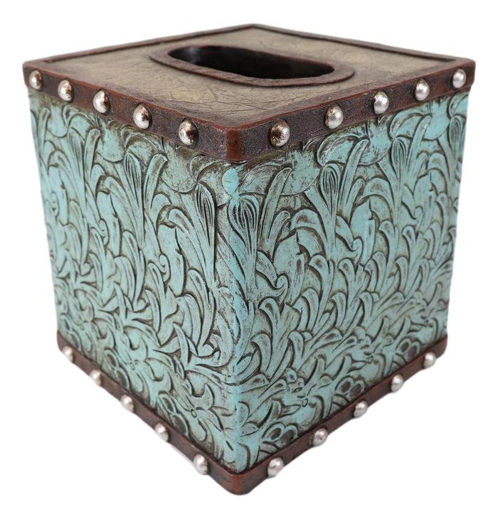 Ebros Gift Rustic Western Turquoise Floral Scroll Faux Leather Tissue Box Holder Cover Case