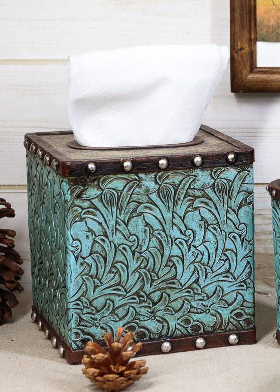 ebros gift Rustic Western Turquoise Floral Scroll Faux Leather Tissue Box Holder Cover Case