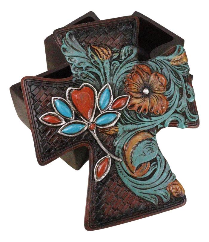 ebros gift Rustic Western Turquoise Floral Scroll Faux Leather Cross Jewelry Trinket Box
