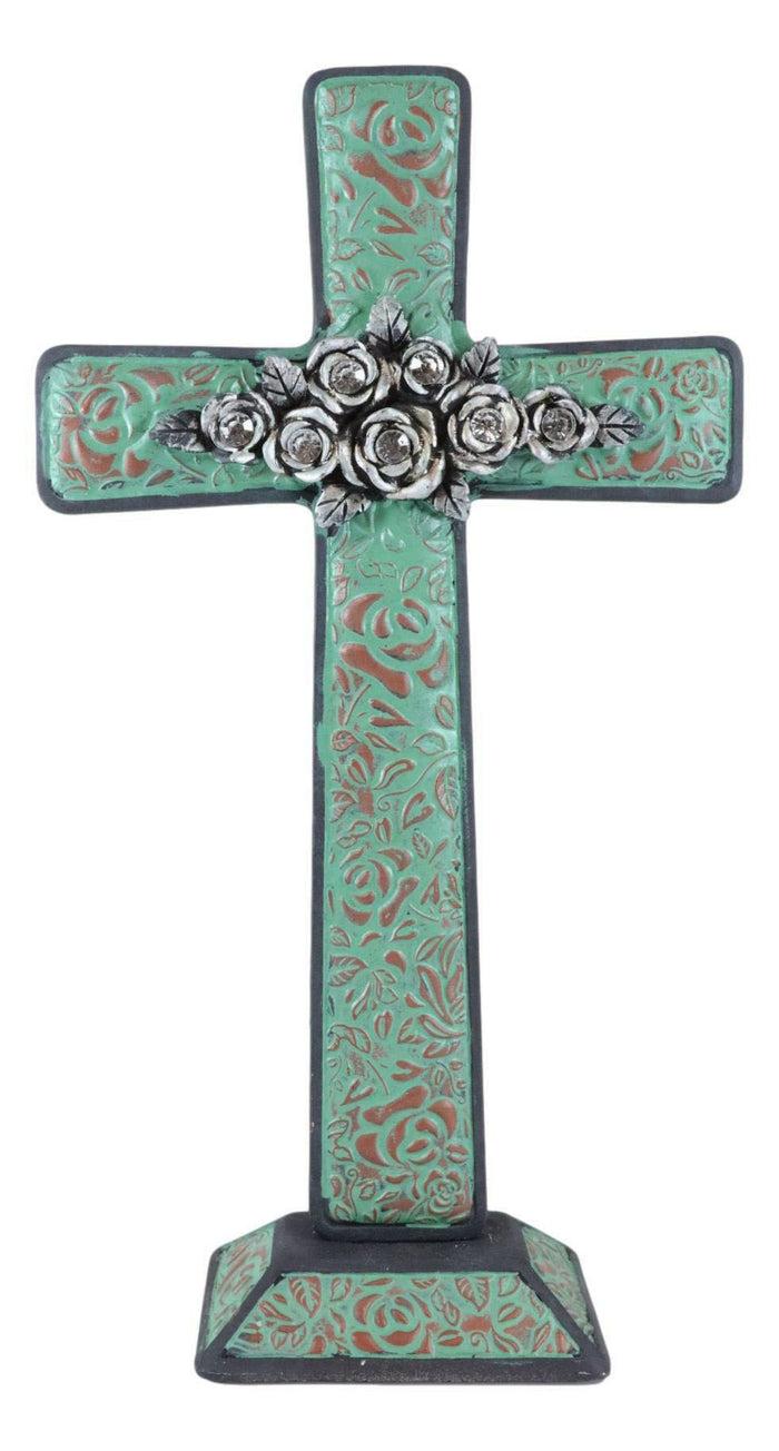 Ebros Gift Rustic Western Turquoise Floral Scroll With Silver Roses Standing Cross Statue