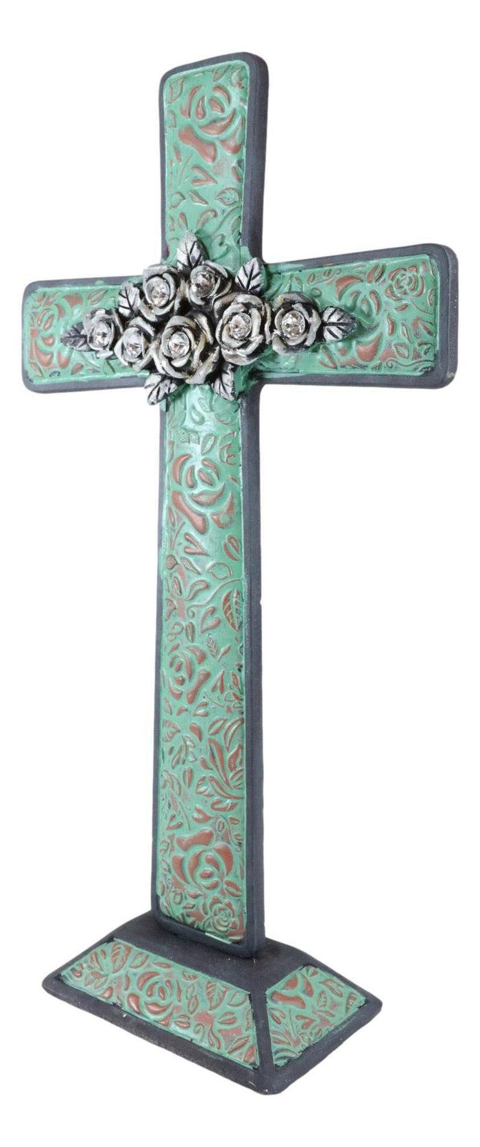 Ebros Gift Rustic Western Turquoise Floral Scroll With Silver Roses Standing Cross Statue