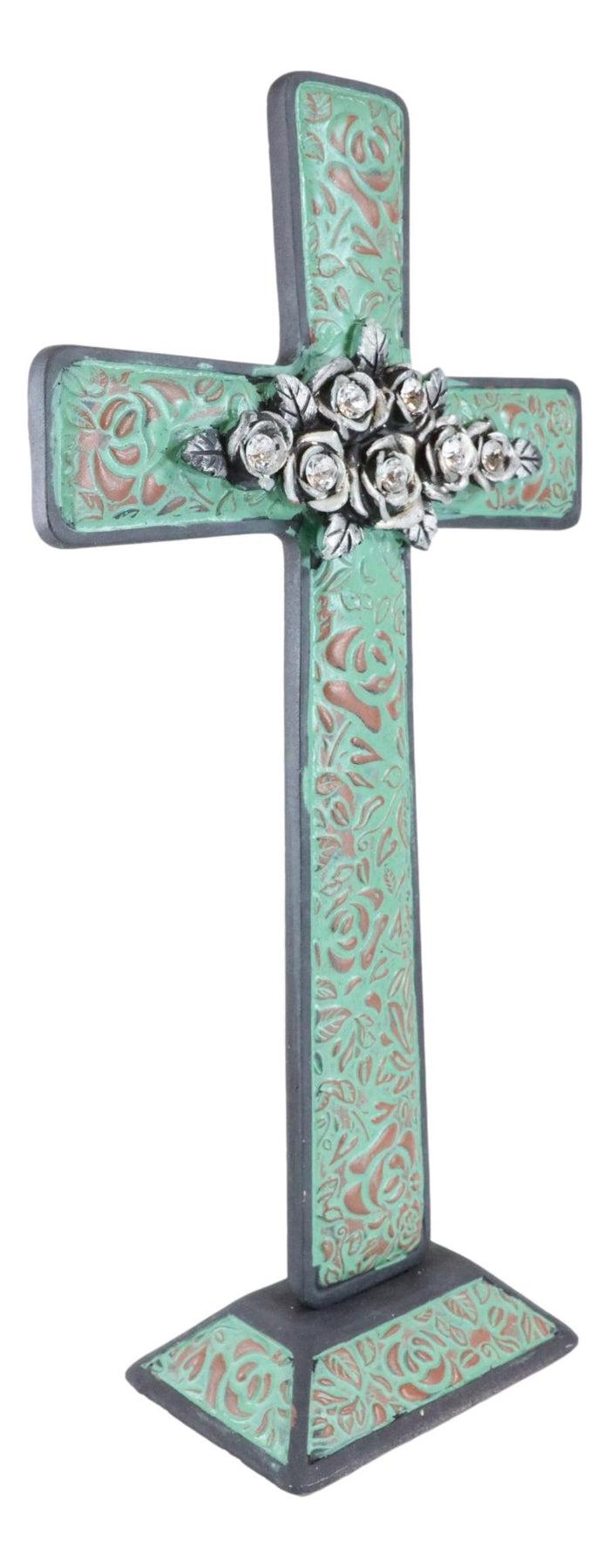 Ebros Gift Rustic Western Turquoise Floral Scroll With Silver Roses Standing Cross Statue