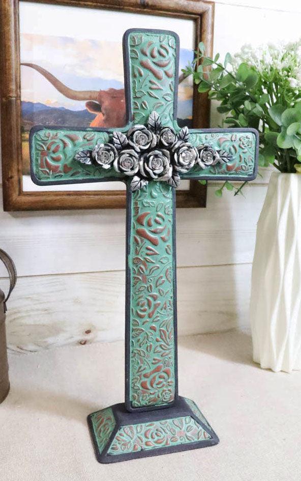 ebros gift Rustic Western Turquoise Floral Scroll With Silver Roses Standing Cross Statue