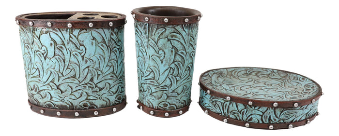 Ebros Gift Rustic Western Turquoise Floral Soap Dish Toothbrush Holder And Soap Pump Set