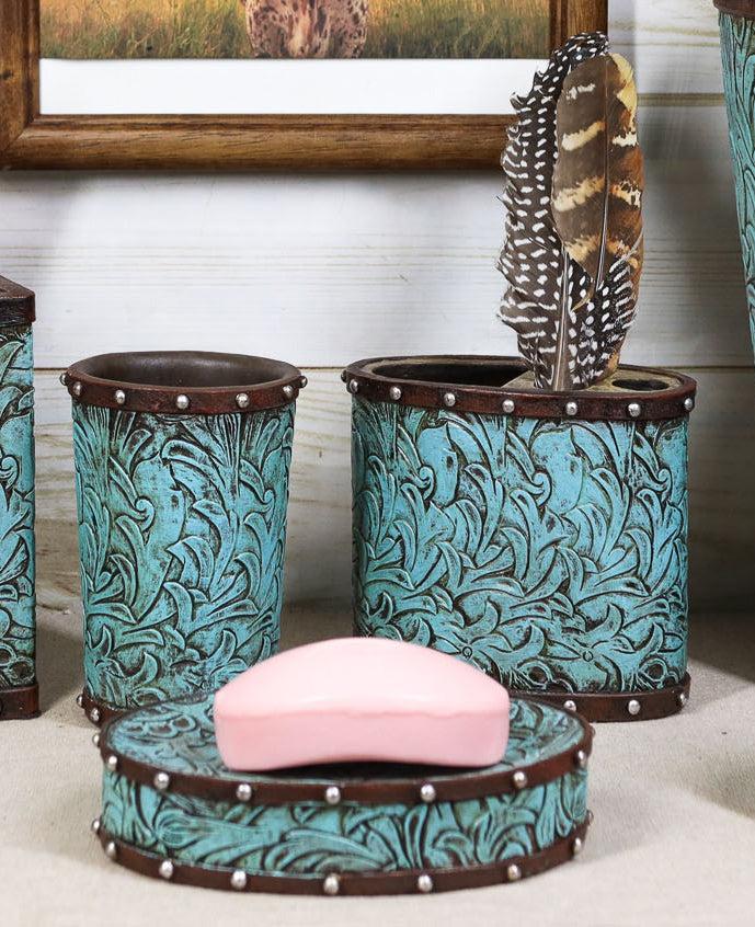 ebros gift Rustic Western Turquoise Floral Soap Dish Toothbrush Holder And Soap Pump Set