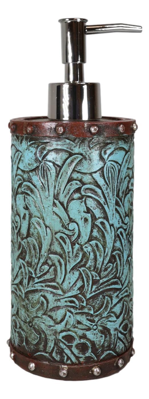 Ebros Gift Rustic Western Turquoise Floral Tooled Art Countertop Liquid Soap Dispenser Pump