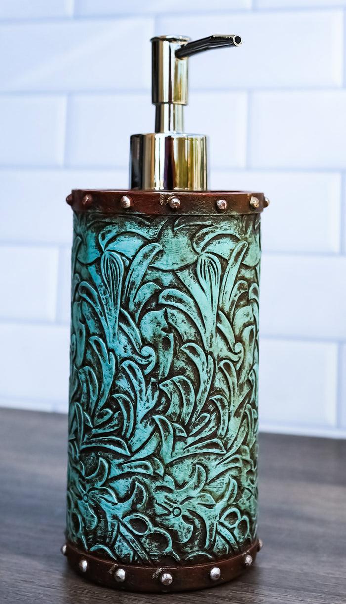 ebros gift Rustic Western Turquoise Floral Tooled Art Countertop Liquid Soap Dispenser Pump