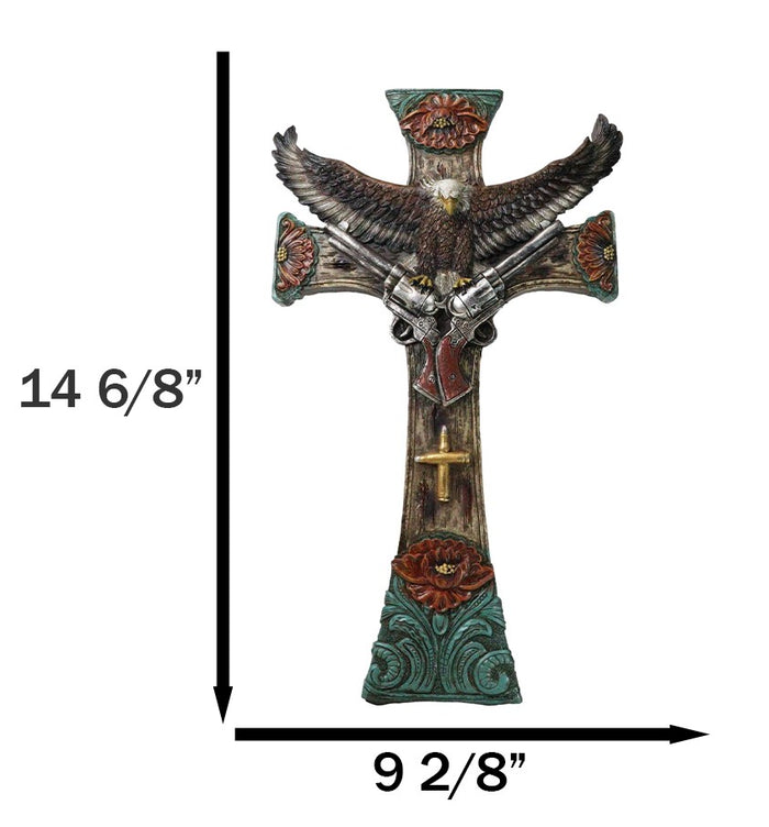 Ebros Gift Rustic Western Turquoise Flowers Eagle Dual Pistols Cowboy Faux Wood Wall Cross