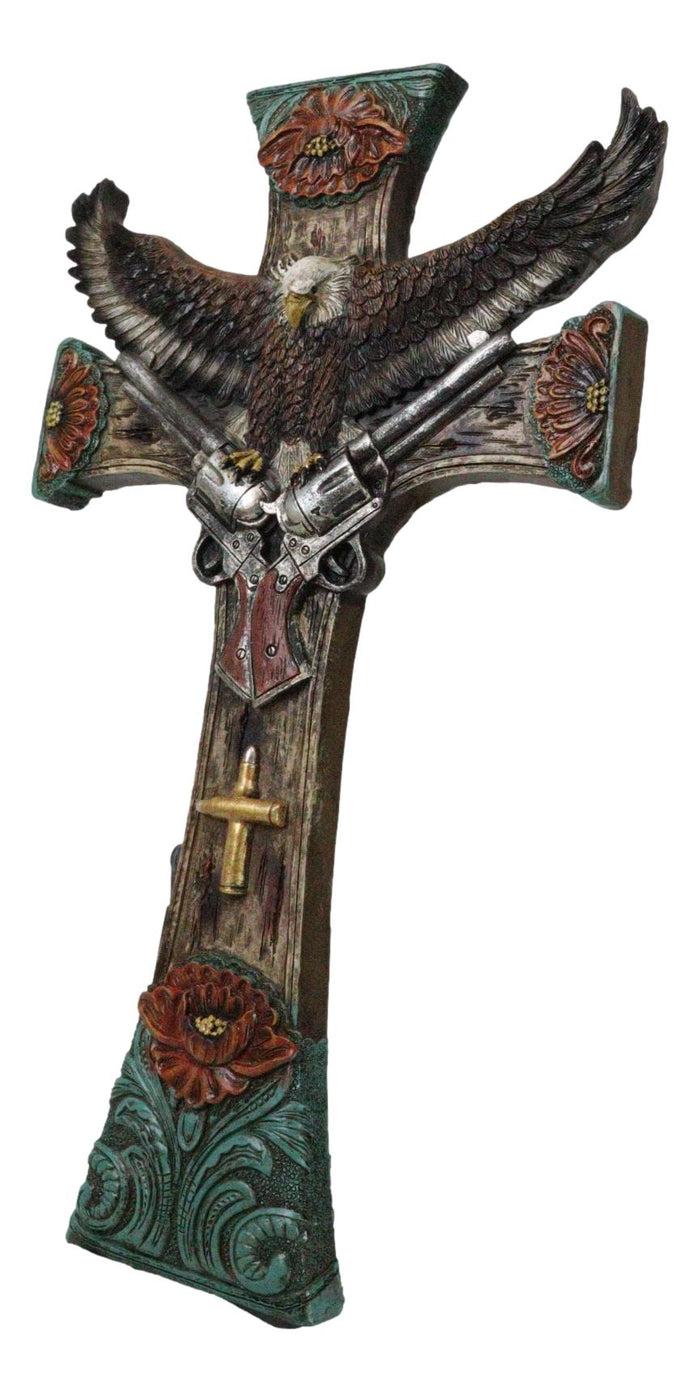 Ebros Gift Rustic Western Turquoise Flowers Eagle Dual Pistols Cowboy Faux Wood Wall Cross