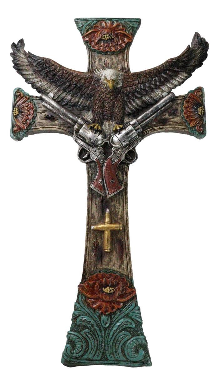 ebros gift Rustic Western Turquoise Flowers Eagle Dual Pistols Cowboy Faux Wood Wall Cross