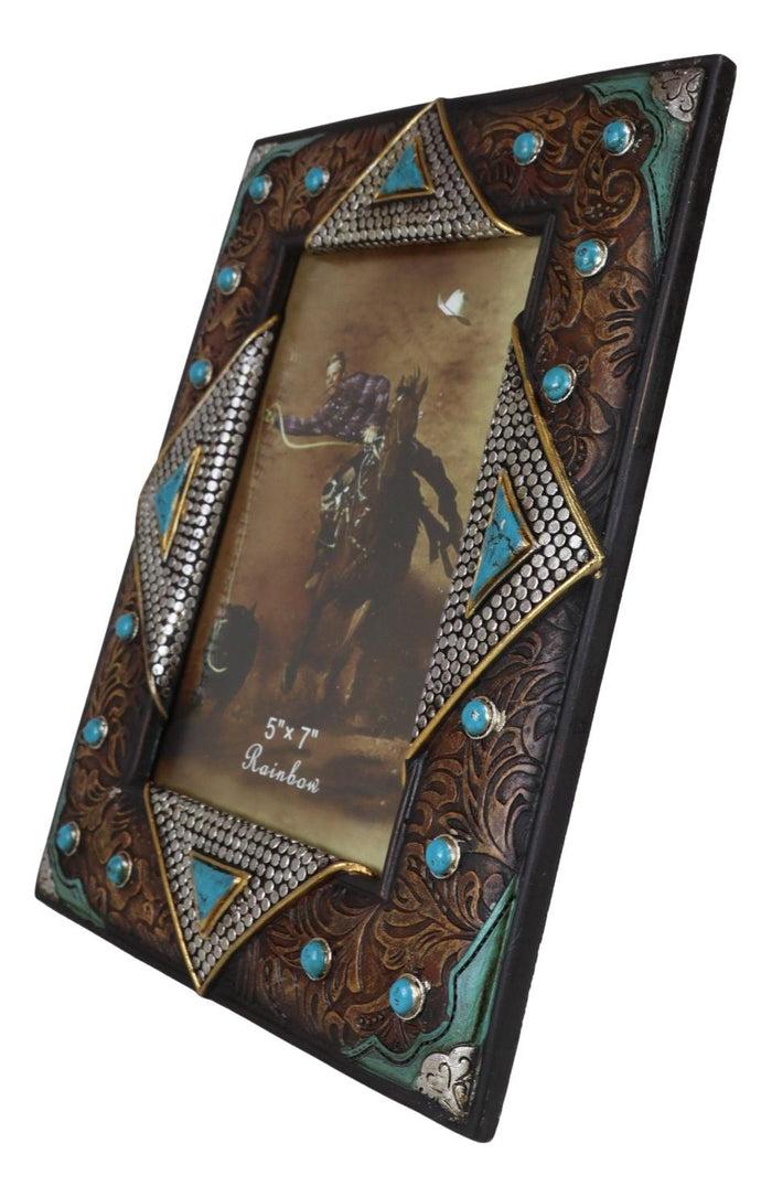 Ebros Gift Rustic Western Turquoise Gems Silver Nails Faux Leather 5X7 Picture Photo Frame